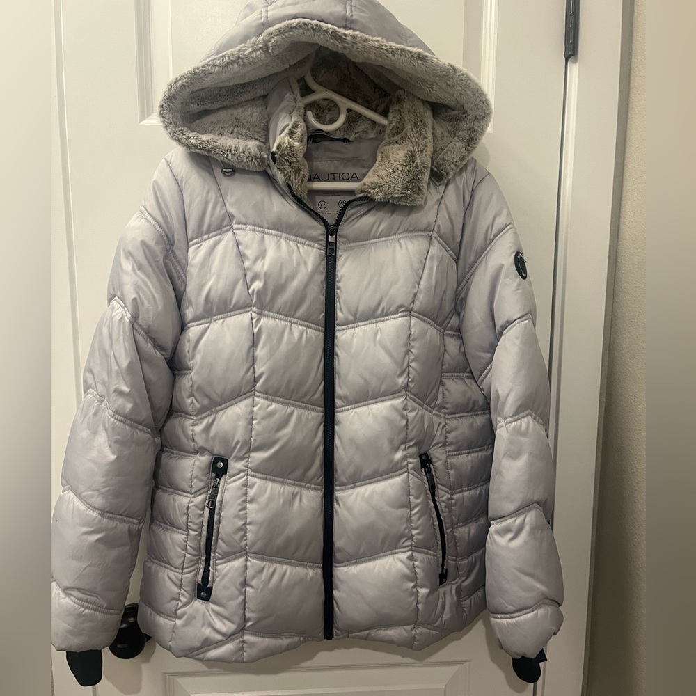 Gray Nautica winter coat with faux fur hood